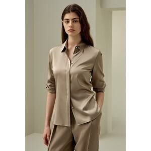 LILYSILK Shirt Womens Small Light Camel Silk Basic Concealed Placket Blouse NWT